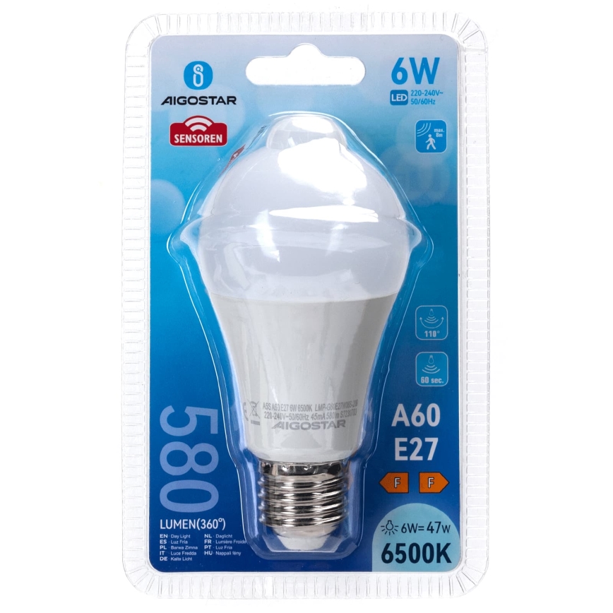 LED lemputė su judesio ir sutemų jutikliu A60 E27/6W/230V 6500K - Aigostar