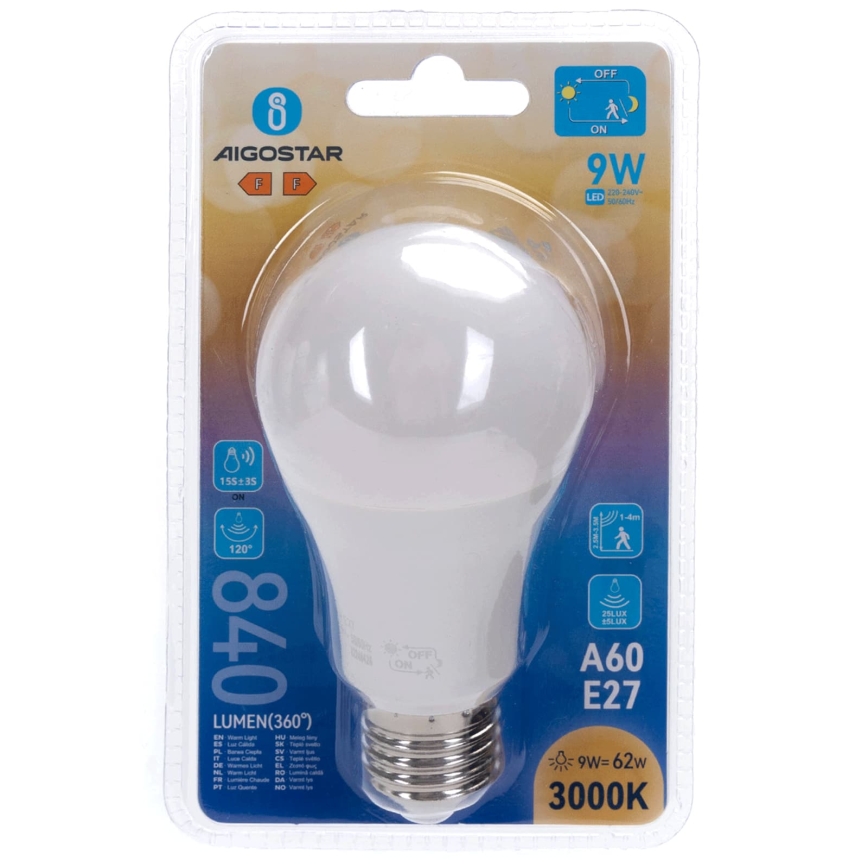LED lemputė su judesio ir sutemų jutikliu A60 E27/9W/230V 3000K - Aigostar