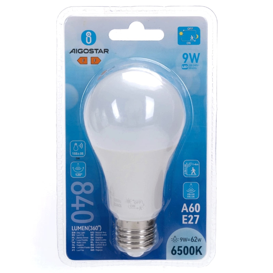 LED lemputė su judesio ir sutemų jutikliu A60 E27/9W/230V 6500K - Aigostar