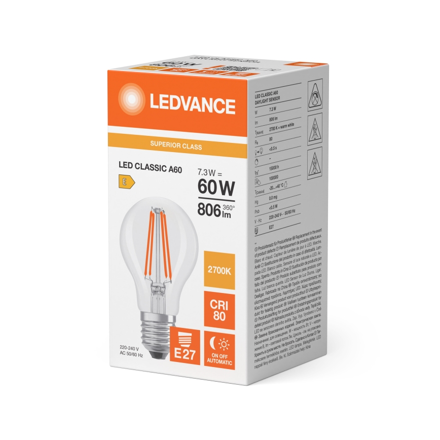 LED lemputė su sutemų jutikliu CLASSIC FILAMENT A60 E27/7,3W/230V 2700K - Osram