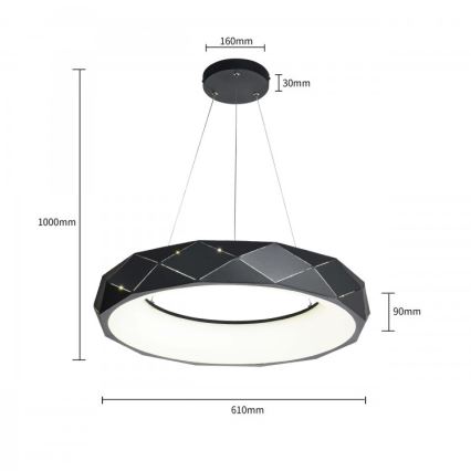 LED liustra REUS ant laido, 36W/230V, 4000K, Ø 61 cm, juoda