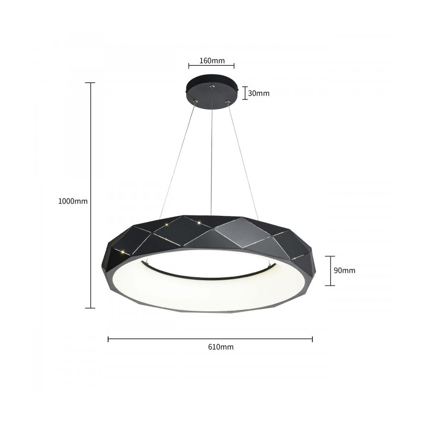 LED liustra REUS ant laido, 36W/230V, 4000K, Ø 61 cm, juoda