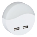 LED Lizdinė naktinė lemputė su prieblandos jutikliu 2xUSB LED/0,45W/230V 3000K