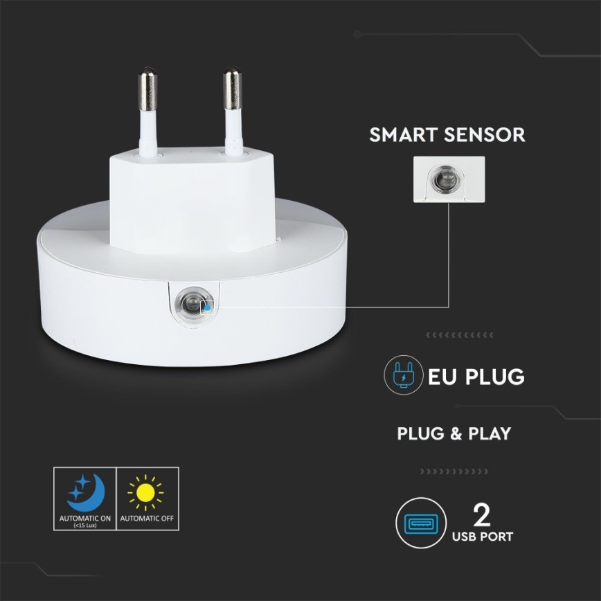 LED Lizdinė naktinė lemputė su prieblandos jutikliu 2xUSB LED/0,45W/230V 3000K