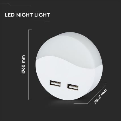 LED Lizdinė naktinė lemputė su prieblandos jutikliu 2xUSB LED/0,45W/230V 3000K