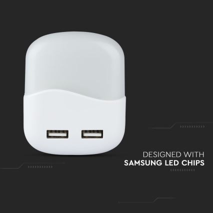 LED Lizdinė naktinė lemputė su prieblandos jutikliu 2xUSB LED/0,45W/230V 3000K