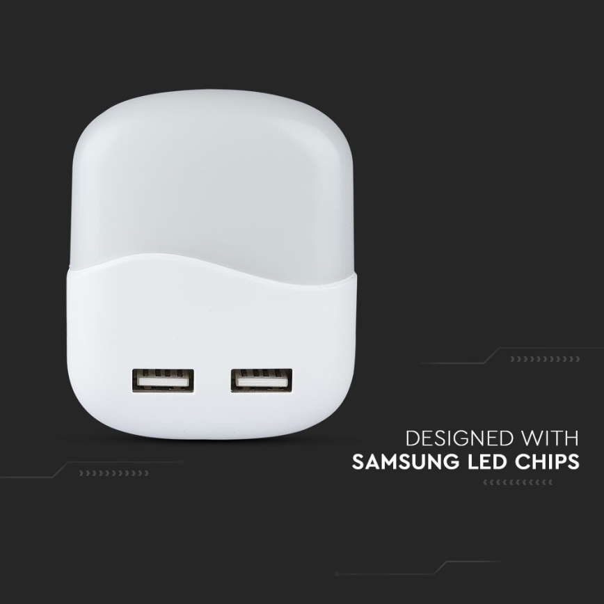 LED Lizdinė naktinė lemputė su prieblandos jutikliu 2xUSB LED/0,45W/230V 3000K