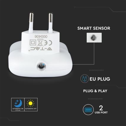 LED Lizdinė naktinė lemputė su prieblandos jutikliu 2xUSB LED/0,45W/230V 3000K