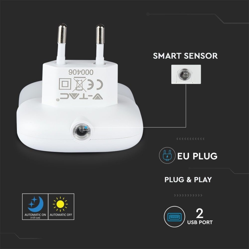 LED Lizdinė naktinė lemputė su prieblandos jutikliu 2xUSB LED/0,45W/230V 3000K