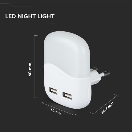 LED Lizdinė naktinė lemputė su prieblandos jutikliu 2xUSB LED/0,45W/230V 3000K
