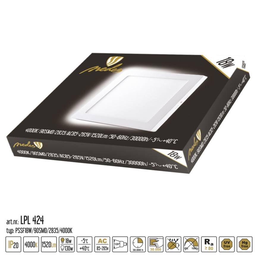 LED lubinis šviestuvas LED/18W/230V 4000K 22,5x22,5 cm