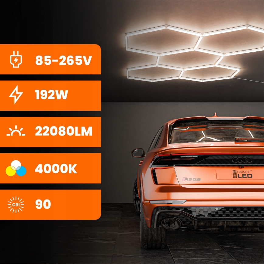 LED lubinis šviestuvas HEXAGON LED/192W/85-265V 4000K 298x209 cm CRI 90 IP54 baltas