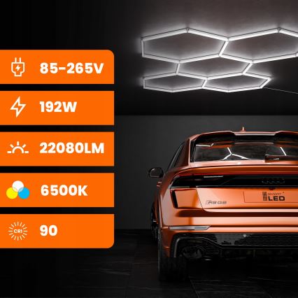 LED lubinis šviestuvas HEXAGON LED/192W/85-265V 6500K 298x209 cm CRI 90 IP54 baltas