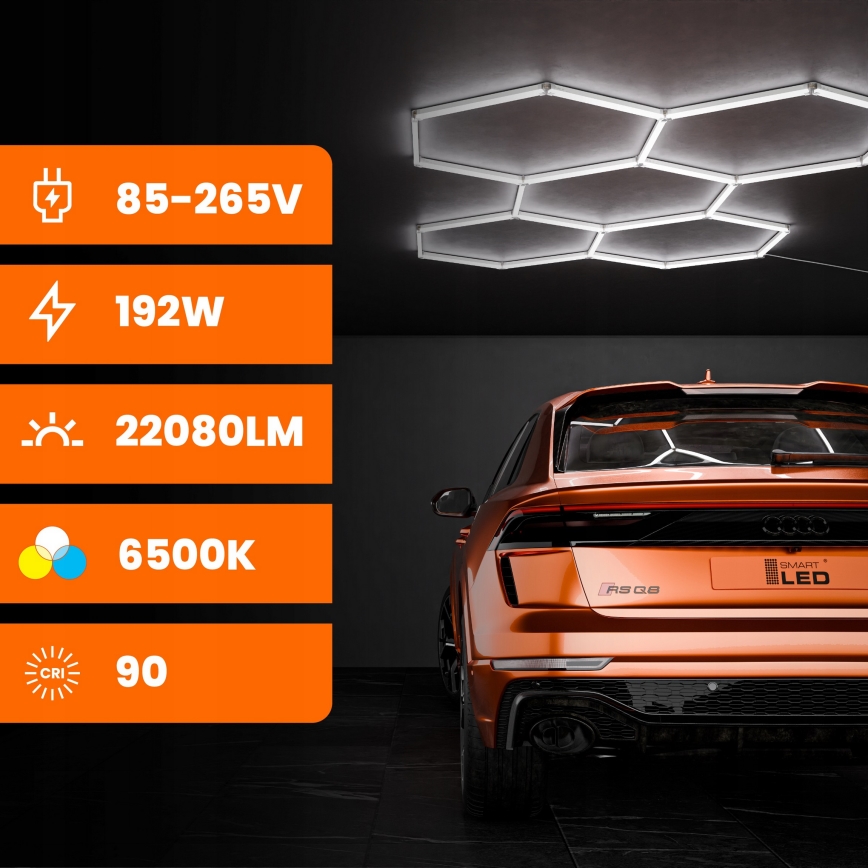 LED lubinis šviestuvas HEXAGON LED/192W/85-265V 6500K 298x209 cm CRI 90 IP54 baltas