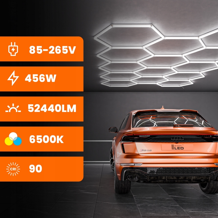 LED lubinis šviestuvas HEXAGON LED/570W/85-265V 6500K 522x298 cm CRI 90 IP44 baltas