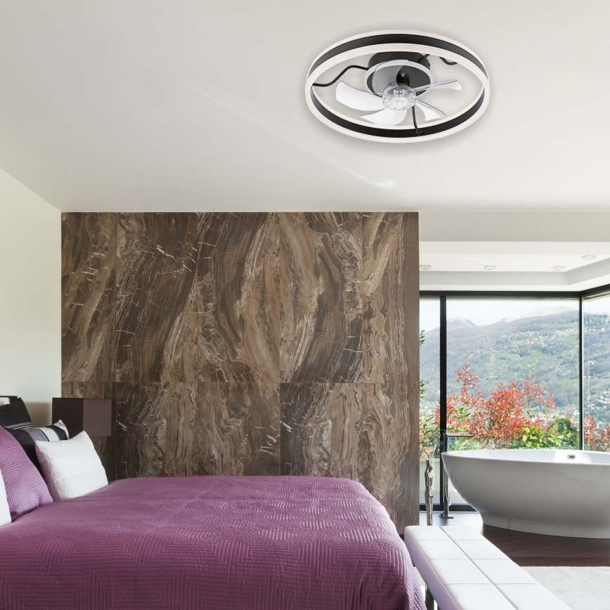 LED Reguliuojamas lubinis šviestuvas su ventiliatoriumi APOLLO LED/38W/230V juodas + nuotolinio valdymo pultas