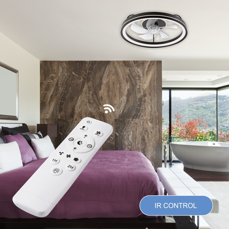 LED Pritemdomas lubinis šviestuvas su ventiliatoriumi FARGO LED/37W/230V juoda + nuotolinio valdymo pultas