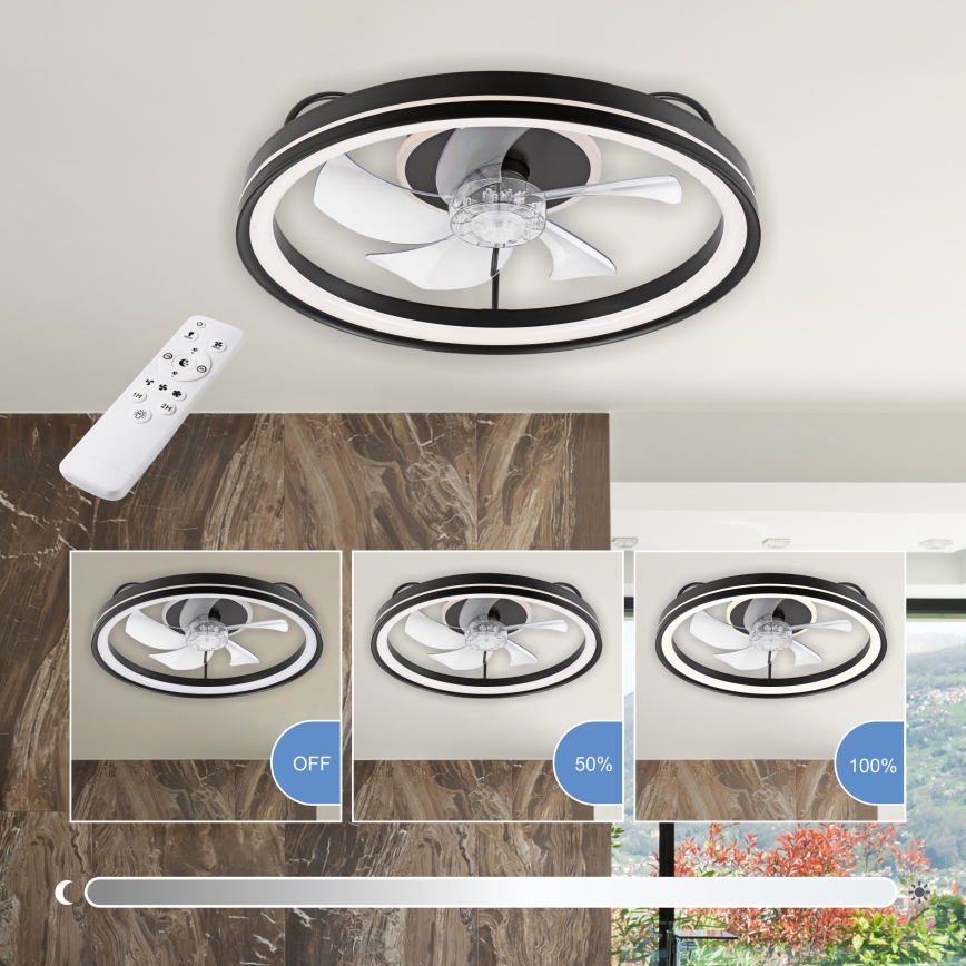 LED Pritemdomas lubinis šviestuvas su ventiliatoriumi FARGO LED/37W/230V juoda + nuotolinio valdymo pultas