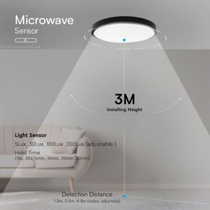 LED lubinis vonios šviestuvas su jutikliu SAMSUNG CHIP LED/18W/230V IP44 4000K diametras 29 cm juoda + nuotolinio valdymo pultas