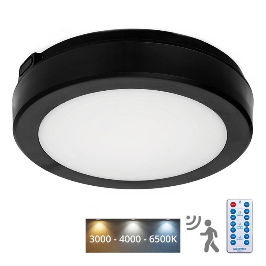 LED lubinis vonios šviestuvas su jutikliu NAIROS LED/12W/230V IP65 3000/4000/6500K diametras 20 cm juoda + nuotolinio valdymo pultas
