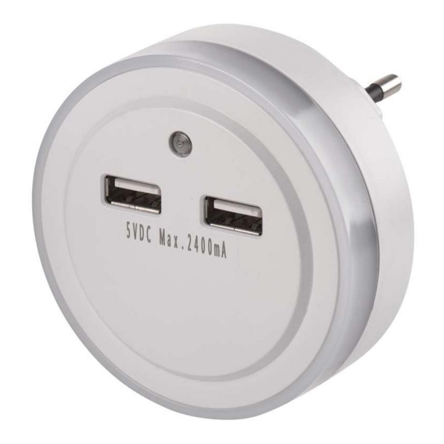 LED naktinė kištukinė lempa su šviesos jutikliu+2xUSB 3xLED/0,3W/230V