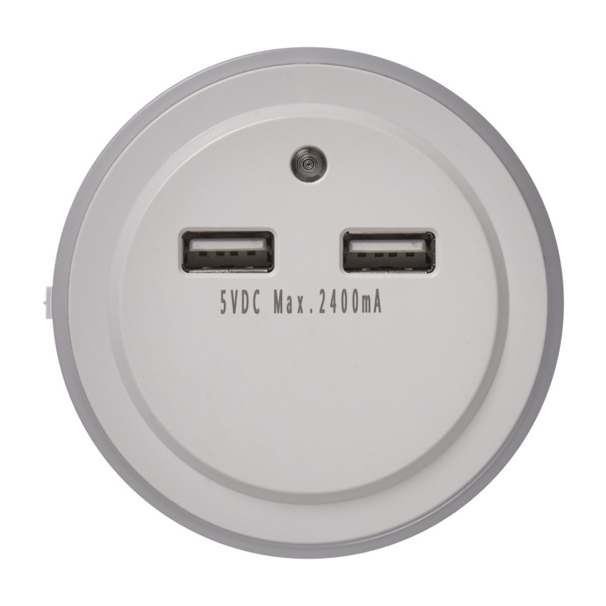 LED naktinė kištukinė lempa su šviesos jutikliu+2xUSB 3xLED/0,3W/230V