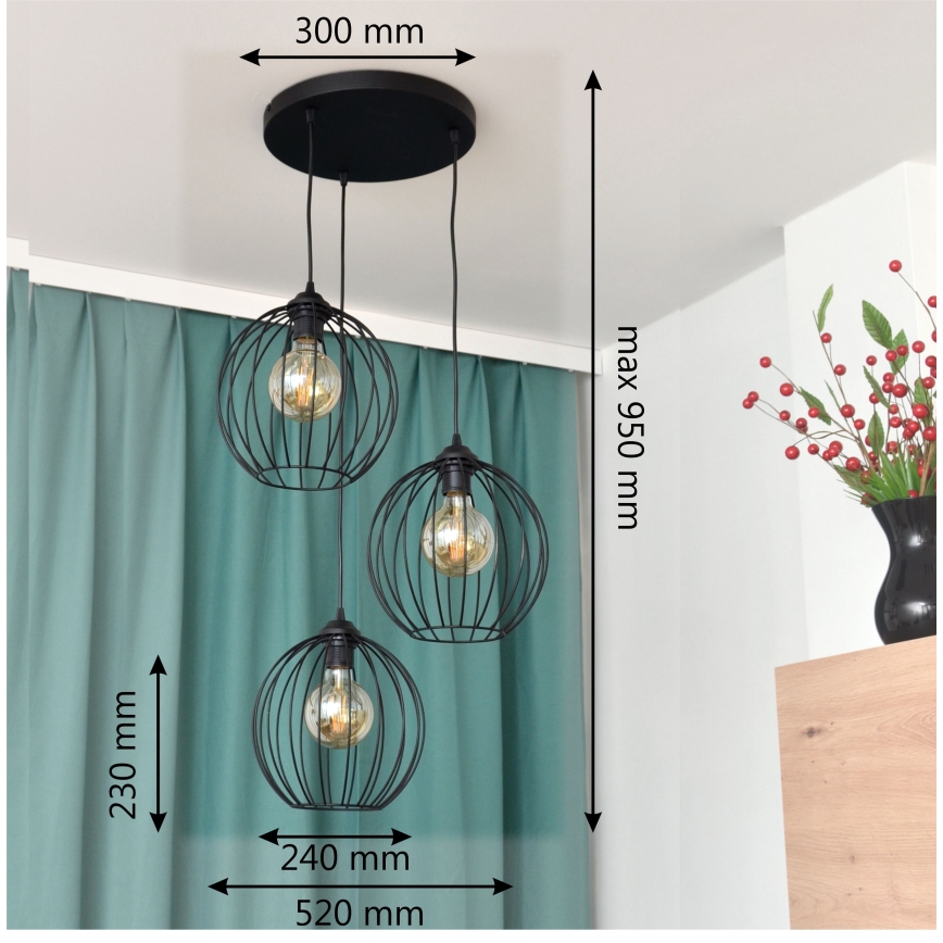 LED Pakabinamas sietynas MERCURE 3xE27/15W/230V ø 50 cm juoda