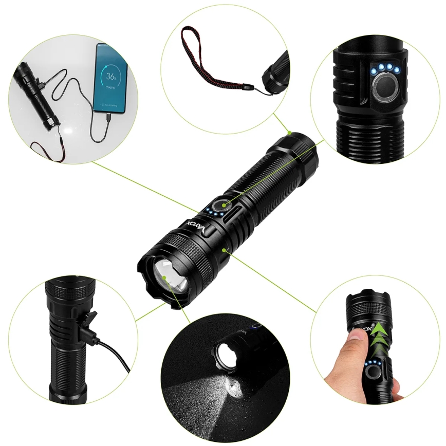 LED Pritemdomas įkraunamas žibintuvėlis su maitinimo bloku funkcija LED/10W/5V IPX4 600 blizgus 2000 mAh