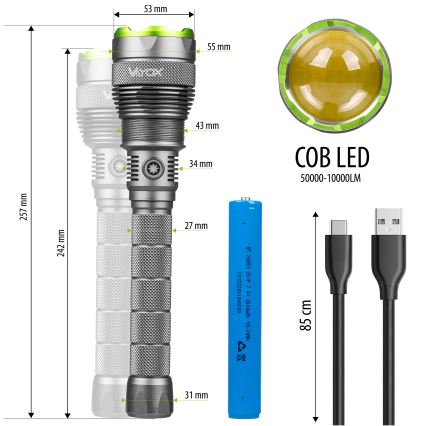 LED Pritemdomas įkraunamas žibintuvėlis su maitinimo bloku funkcija LED/5V IPX7 10000 blizgus 2600 mAh