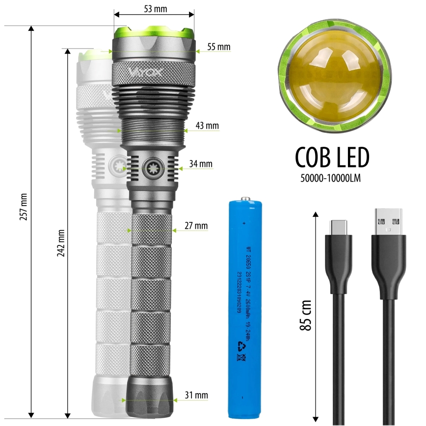 LED Pritemdomas įkraunamas žibintuvėlis su maitinimo bloku funkcija LED/5V IPX7 10000 blizgus 2600 mAh