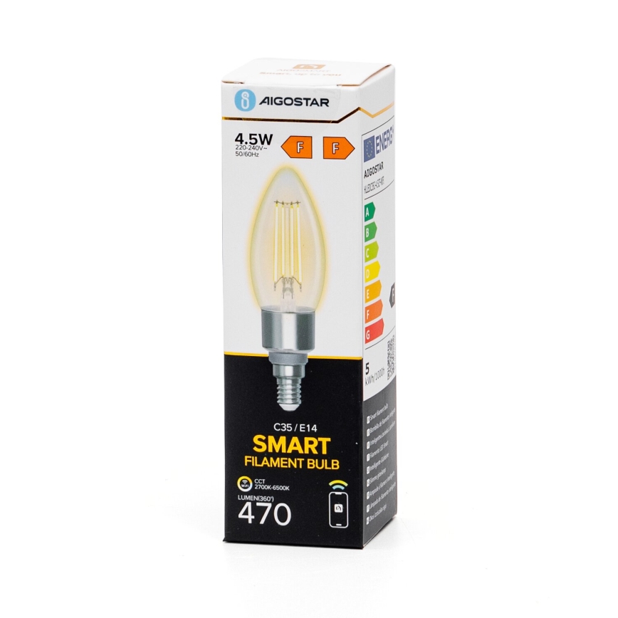 LED pritemdoma elektros lemputė FILAMENT C35 E14/4,5W/230V 2700-6500K Wi-Fi - Aigostar