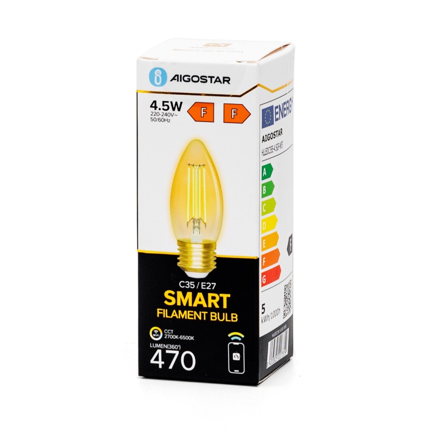 LED pritemdoma elektros lemputė FILAMENT C35 E27/4,5W/230V 2700-6500K Wi-Fi - Aigostar
