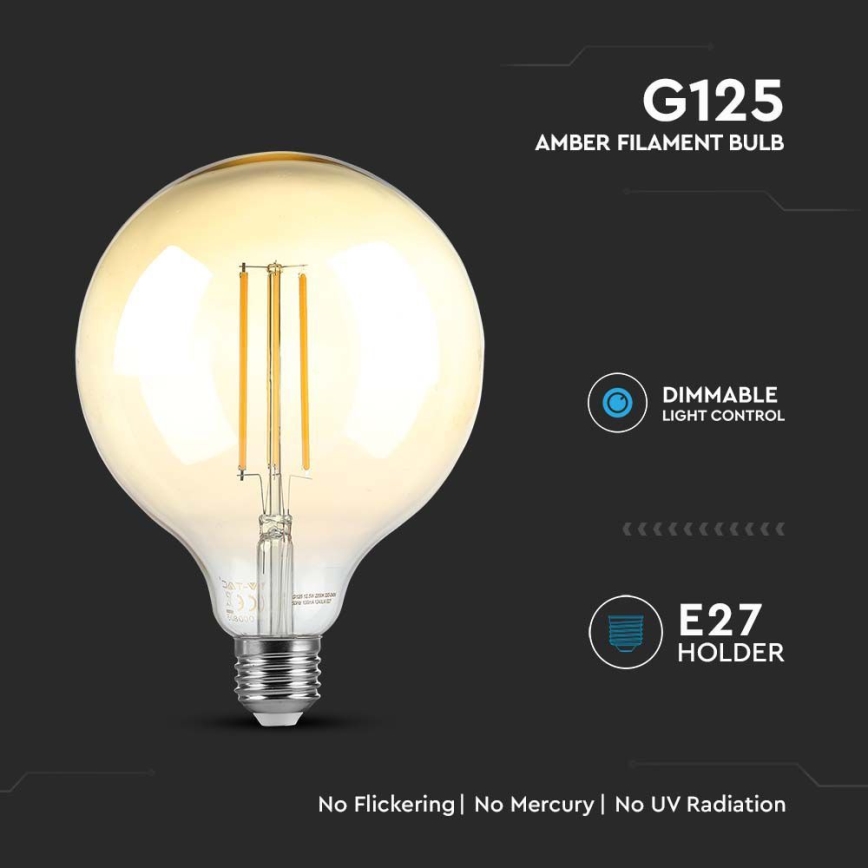LED pritemdoma elektros lemputė FILAMENT G125 E27/8W/230V 2200K