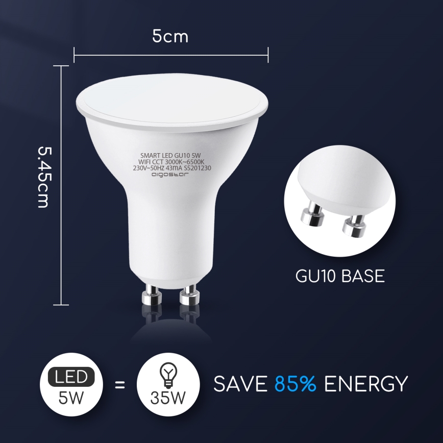 LED pritemdoma elektros lemputė GU10/5W/230V 3000-6500K Wi-Fi - Aigostar