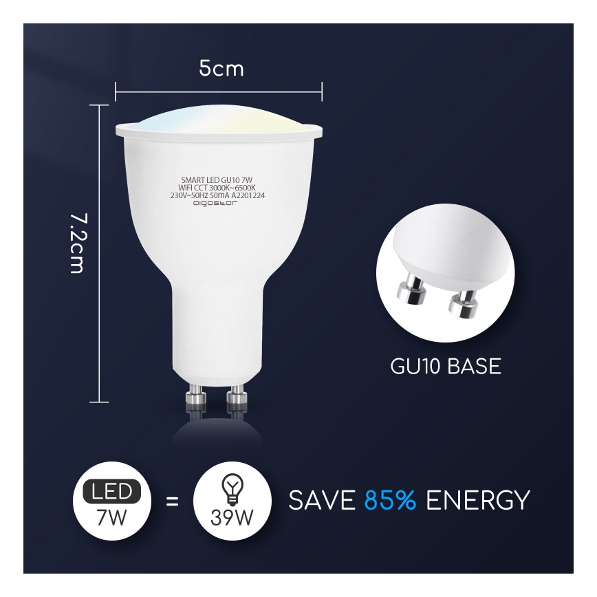 LED pritemdoma elektros lemputė GU10/7W/230V 3000-6500K Wi-Fi - Aigostar