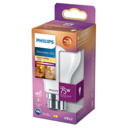 LED pritemdoma elektros lemputė Philips Warm Glow A60 B22/7,2W/230V 2200-2700K CRI 90