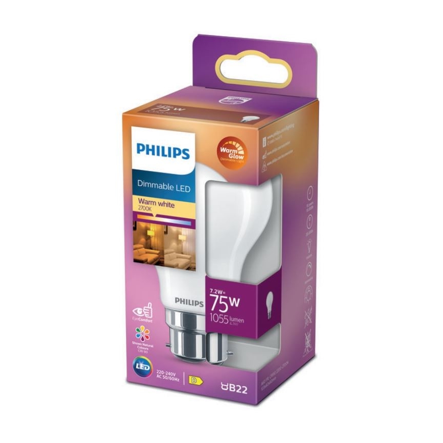LED pritemdoma elektros lemputė Philips Warm Glow A60 B22/7,2W/230V 2200-2700K CRI 90
