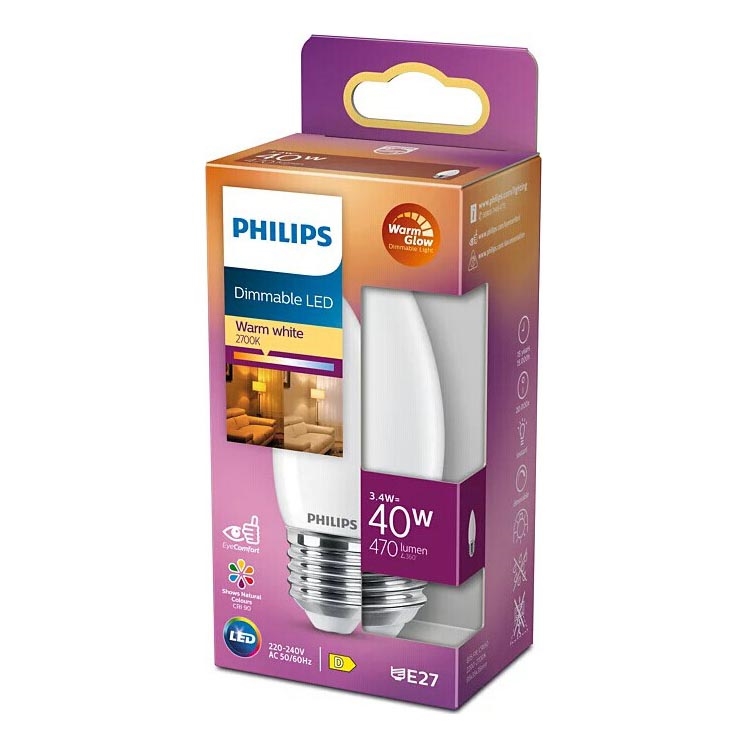 LED pritemdoma elektros lemputė Philips Warm Glow B35 E27/3,4W/230V 2200-2700K CRI 90