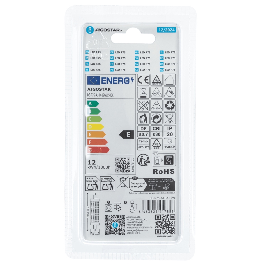 LED pritemdoma elektros lemputė R7s/12W/230V 6500K - Aigostar