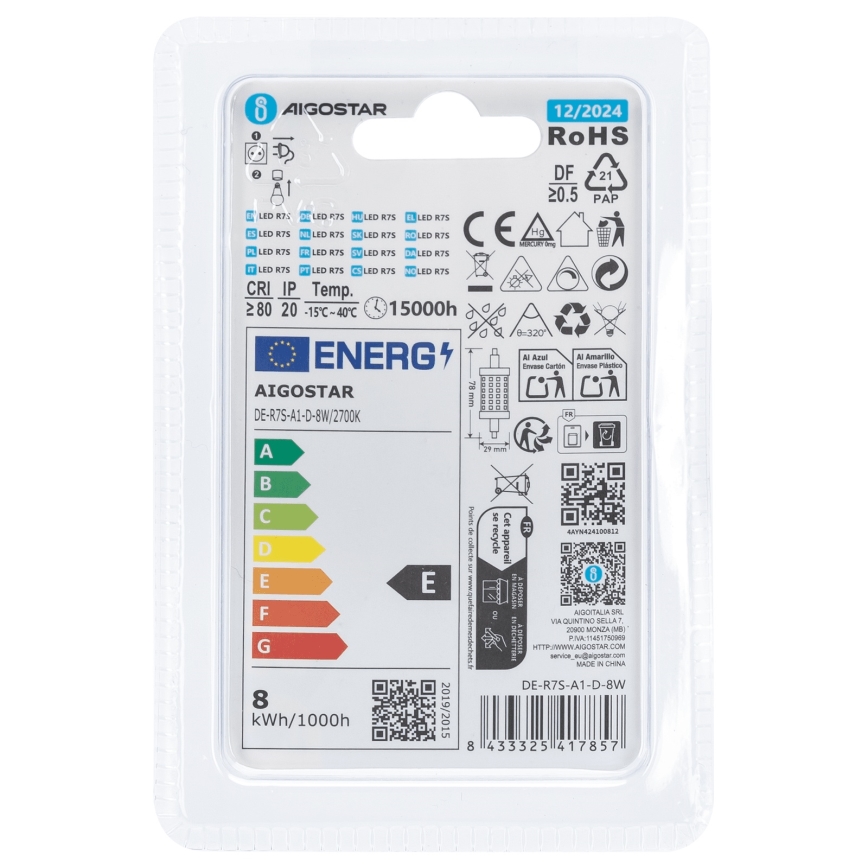 LED pritemdoma elektros lemputė R7s/8W/230V 2700K - Aigostar
