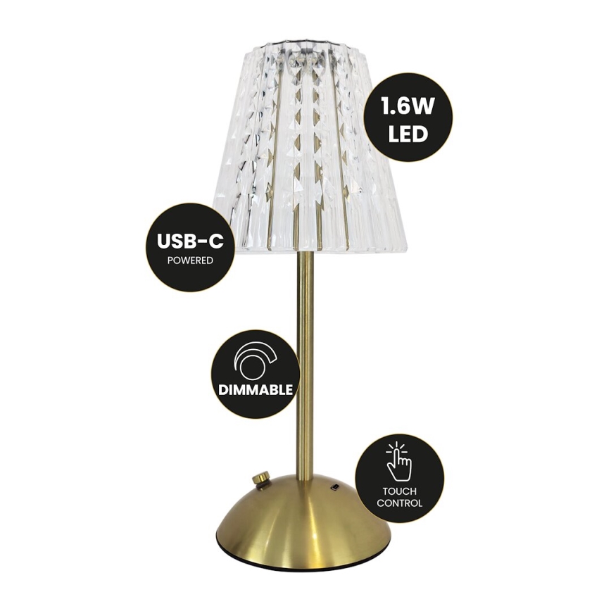 LED Pritemdoma įkraunama stalinė lempa ELBA LED/1,6W/800 mAh 3000/4000/6000K auksas/permatoma