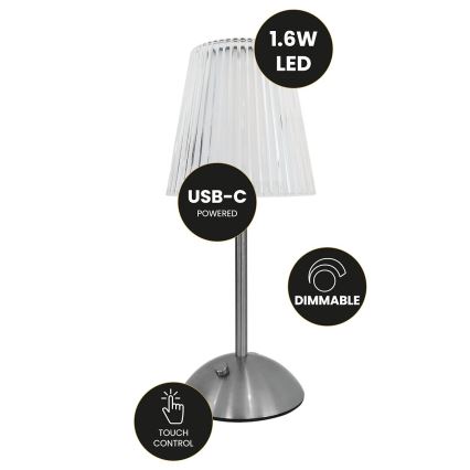 LED Pritemdoma įkraunama stalinė lempa ELBA LED/1,6W/800 mAh matinis chromas/permatoma