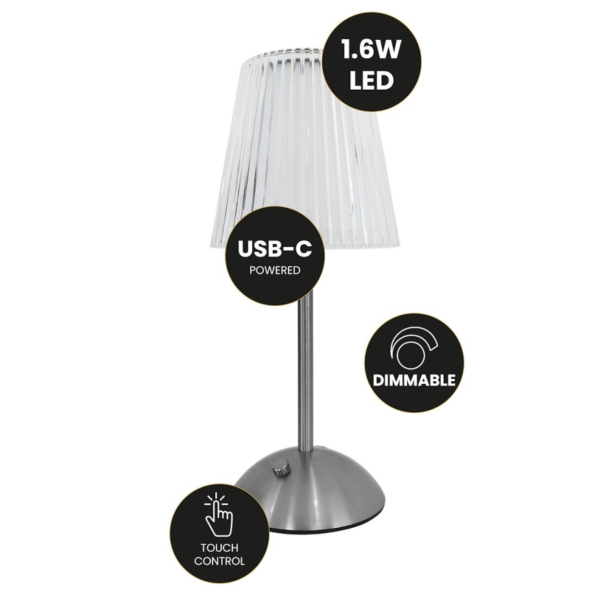 LED Pritemdoma įkraunama stalinė lempa ELBA LED/1,6W/800 mAh matinis chromas/permatoma