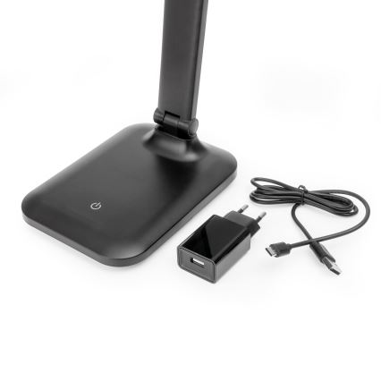LED Reguliuojama jutiklinė stalinė lempa su belaidžiu įkrovikliu ir USB prievadas REMUS LED/5W/230V juoda