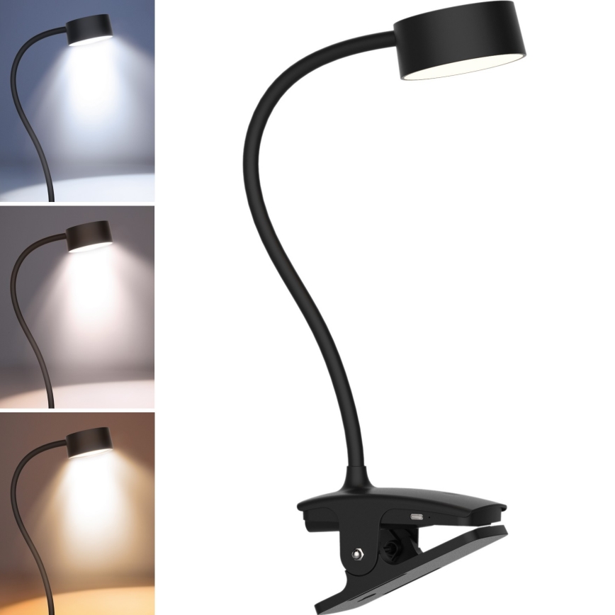 LED pritemdoma lanksti įkraunama stalinė lempa su segtuku LED/2W/1800 mAh 3000/4000/6500K juoda