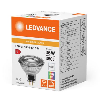 LED dimeriuojama reflektorinė lemputė MR16 GU5,3/5,3W/12V 4000K 36° CRI 97 - Ledvance