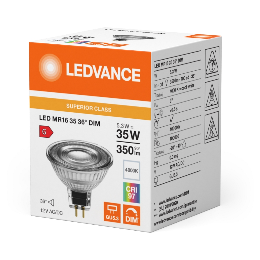 LED dimeriuojama reflektorinė lemputė MR16 GU5,3/5,3W/12V 4000K 36° CRI 97 - Ledvance
