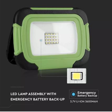 LED Pritemdomas įkraunamas Prožektoriaus šviestuvas SAMSUNG CHIP + funkcija SOS LED/10W/3,7V/USB IP44 4000K 3600 mAh žalia