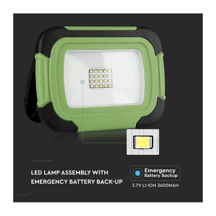 LED Pritemdomas įkraunamas Prožektoriaus šviestuvas SAMSUNG CHIP + funkcija SOS LED/10W/3,7V/USB IP44 4000K 3600 mAh žalia
