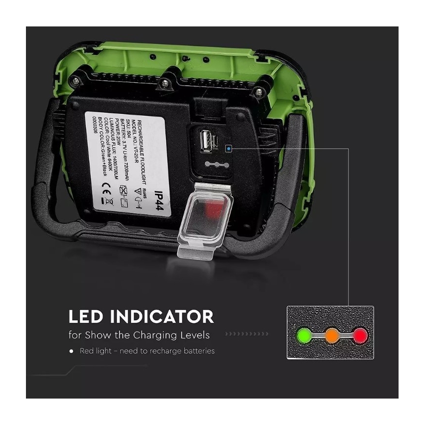 LED Pritemdomas įkraunamas Prožektoriaus šviestuvas SAMSUNG CHIP + funkcija SOS LED/10W/3,7V/USB IP44 4000K 3600 mAh žalia